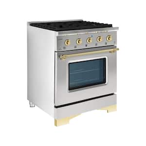 CLASSICO 30"4.2 CuFt 4 Burner Freestanding Dual Fuel Range Gas Stove and Electric Oven, Stainless steel with Brass Trim
