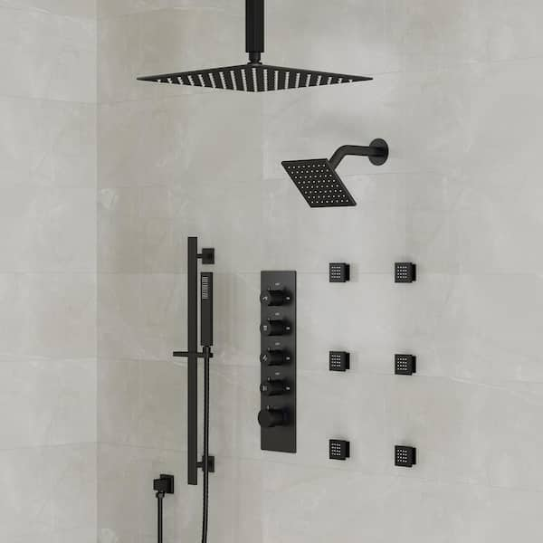 13-Spray Patterns 16 and 6 in. Ceiling Mount Dual Shower Head and Handheld with Sliding Bar 2.5 GPM in Matte Black