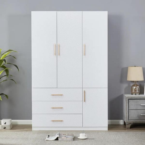 Unbranded White Wood 47.2 in. Armoire with 4-Doors and 3-Drawers