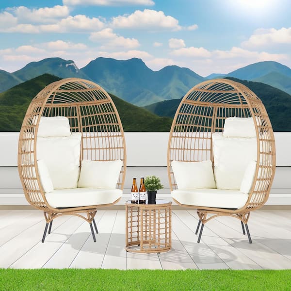 SANSTAR 3-Piece Patio Wicker Swivel Outdoor Bistro Set with Side Table, Oversized Egg Chair with Beige Cushions