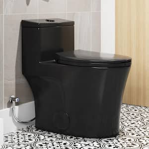 1-Piece 0.8/1.28 GPF Dual Flush Elongated Toilet in Black Seat Included