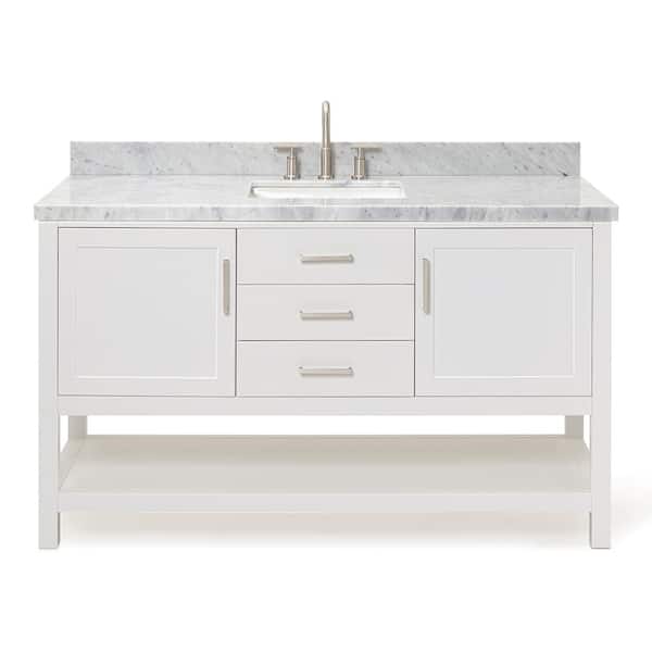 Bayhill 60 in. Single Sink Freestanding Bathroom Vanity in White with Carrara White Marble Top