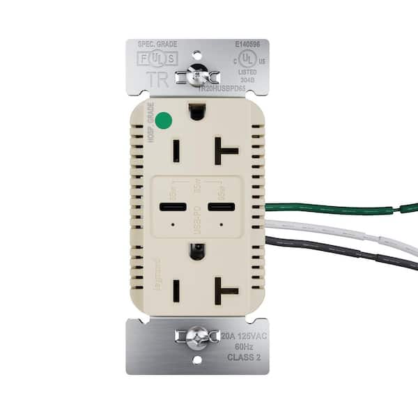 20 Amp Tamper Resistant 65-Watt Hospital Grade Power Delivery USB Type C Duplex Outlet Ivory