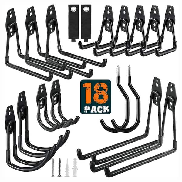 18-Pack Steel Wall Rack Black Finish Heavy Duty Anti-Slip Utility Hooks with Screws for Garage Tools and Bikes