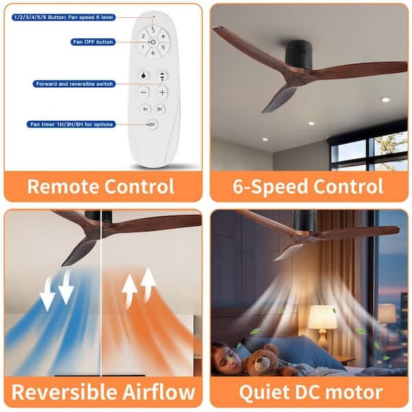 Farmhouse Series 52 in. Indoor Brown Ceiling Fan Flush Mount Low Profile Rustic with Remote Included