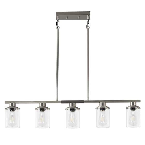 5-Light Brushed Nickel Linear Chandelier Pendant Light Industrial Ceiling Light for Kitchen Island