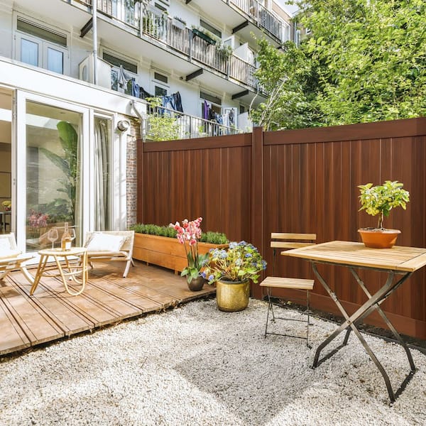 6 ft. x 6 ft. Board on Board Framed Flat Woodgrain Hickory Vinyl Fence Panel With Steel Inserts (Unassembled)