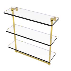 16 in. Triple Tiered Glass Shelf with Integrated Towel Bar in Unlacquered Brass
