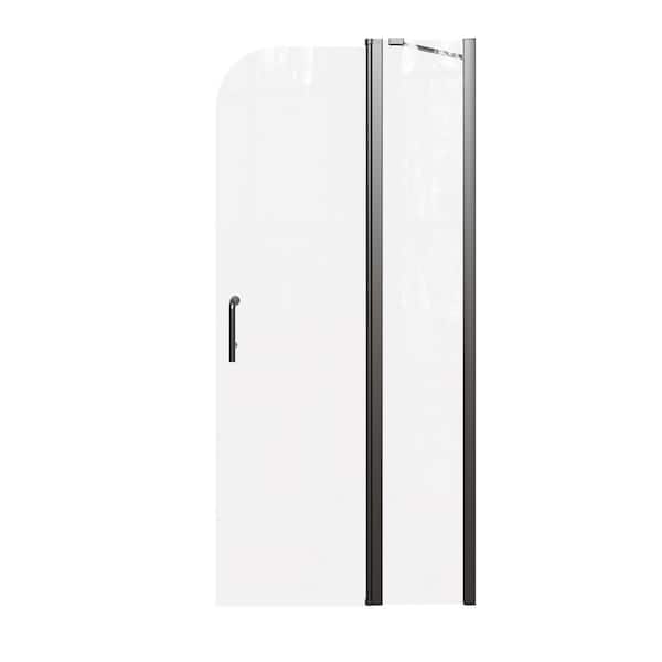 WELLFOR 34 in. W x 72 in. H Pivot Frameless Shower Door in Black with Clear Glass and Handle