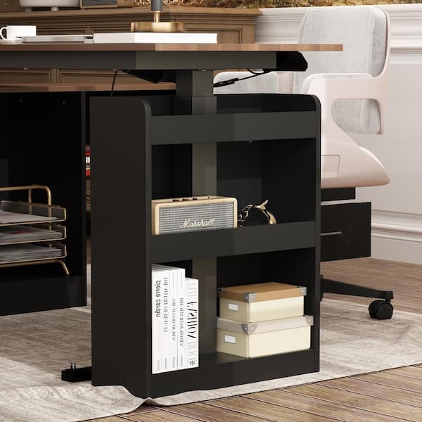 FUFU&GAGA 63 in. W L-Shape Black & Wood Grain Wooden 3-Drawer