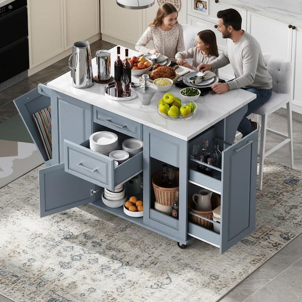 Classic Gray Wood 50.7 in. Drop Leaf Kitchen Island with Storage Tilt Trash Can Cabinet and Pull Out Cabinet Organizer