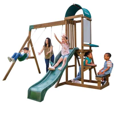 DIY Wilderness Point II Wooden Outdoor Playground Set with Slide, Climbing Ladder, Picnic Table, Swings, and Art Panel