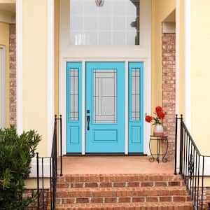 60 in. x 80 in. Right-Hand 3/4 Lite Decorative Glass Atherton Caribbean Blue Fiberglass Prehung Front Door w/Sidelites