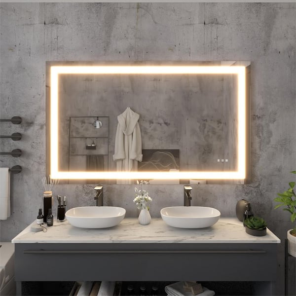 ONWITH 60 in. H x 36 in. W Rectangular Frameless LED Light Anti-Fog Wall Bathroom Vanity Mirror with Front Light