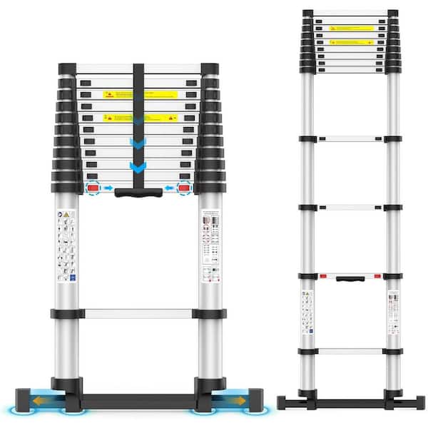Unbranded 15.5 ft. Aluminum Telescoping Ladder with Stabilizers, Slow Descent, 1-Click Retraction