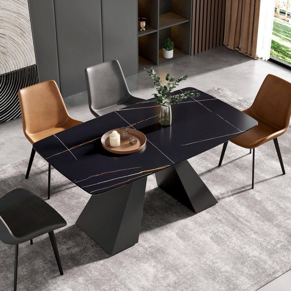 63 in. Round Edge Black Sintered Stone Top Pedestal Rectangle Dining Table with Black Metal Base (Seats 6)