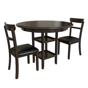 3-Piece Brown Wood Dining Set with Counter Height Round Dining Table and 2-Upholstered Chairs