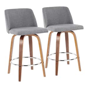 Toriano 26 in. Walnut and Grey Fabric Counter Stool with Round Chrome Footrest (Set of 2)