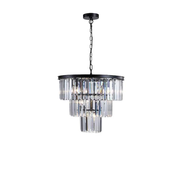 HKMGT 19.7 in. W 3-Tier 7-Light Black Crystal Chandelier for Living Room and Kitchen Island with No Bulbs Included