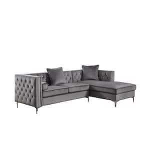 Marshall 34 in. W Arm Rest 2-Piece L Shaped Dark Grey Velvet Sectional With Tufted Crystals And Nail Head Trim