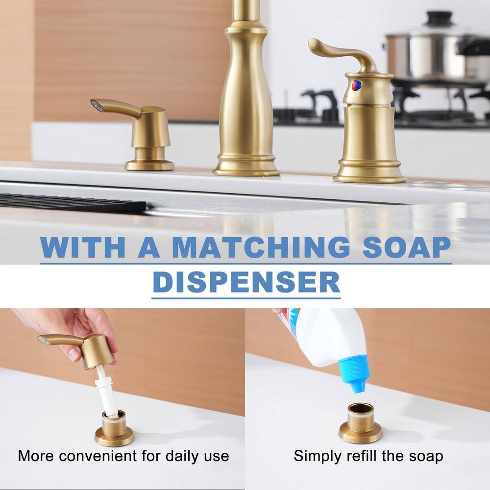 Brushed Gold Stainless Steel Pull Down Kitchen Faucet with Soap Dispenser