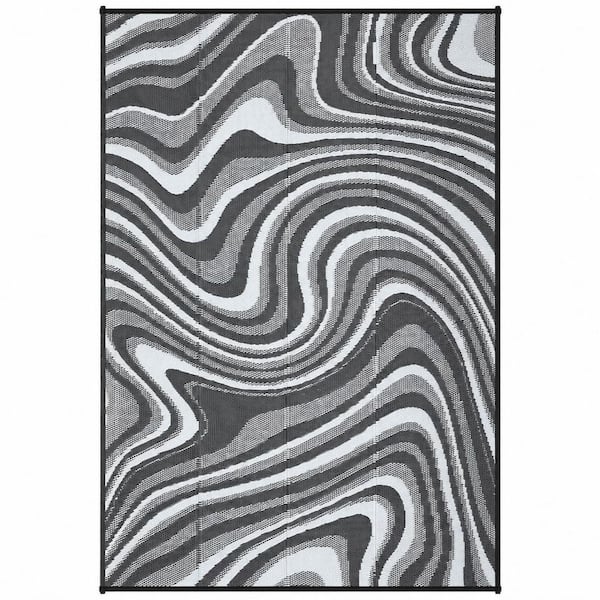 Black/Gray 5 ft. x 8 ft. Reversible Waterproof Modern Abstract Plastic Straw Outdoor Patio Rug