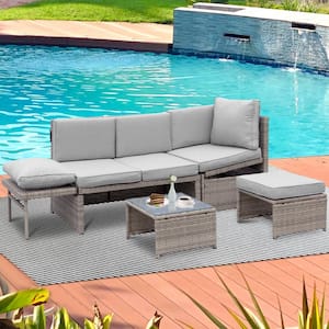 Wicker Outdoor Chaise Lounge with Gray Cushions Sofa Set 4-Piece 5-Seater Patio Garden Lounge Set Glass Top Coffee Table