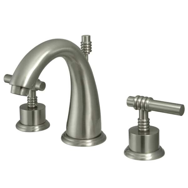Kingston Brass Milano 8 in. Widespread 2-Handle Bathroom Faucets with Brass Pop-Up iin Brushed Nickel