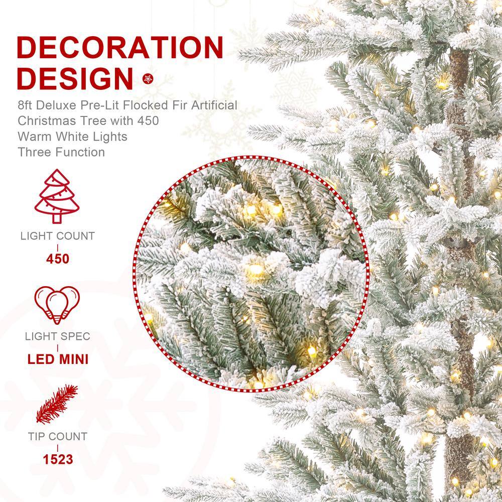 8ft Pre-Lit Flocked Fir Artificial Christmas Tree with Warm White Lights