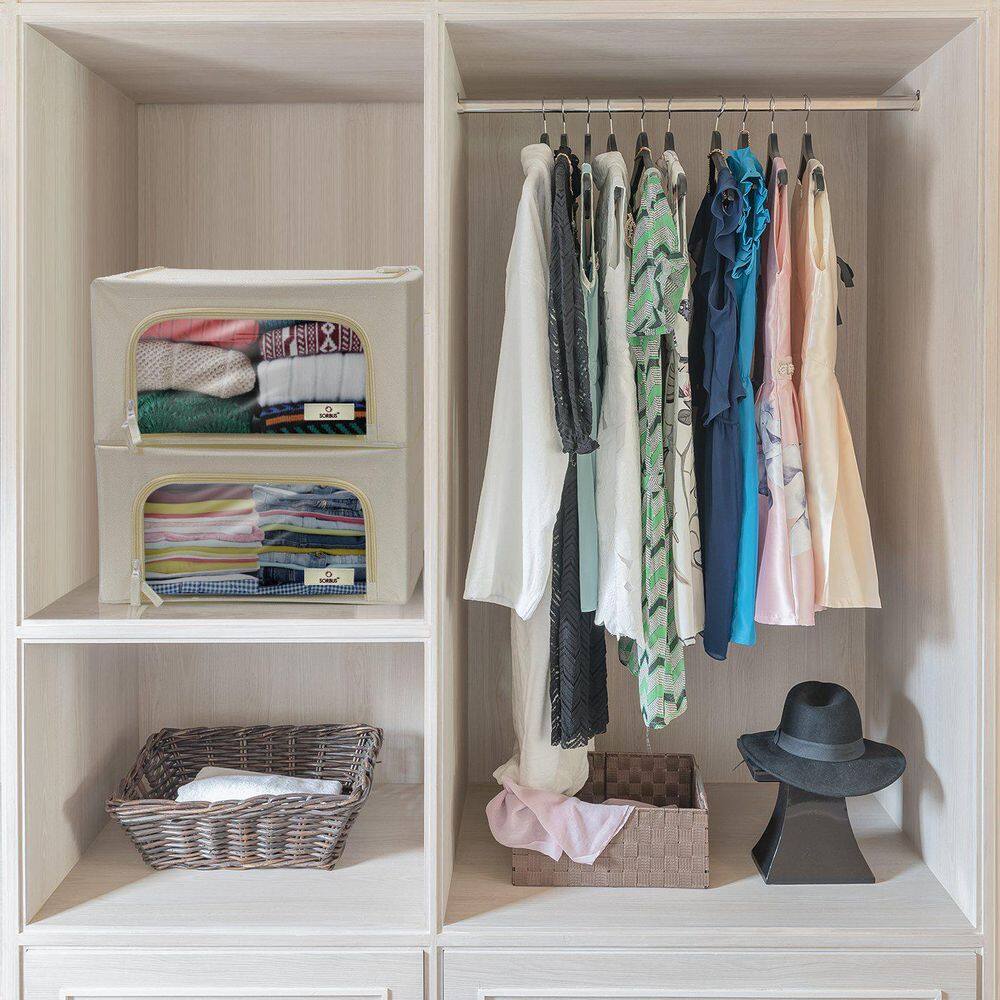 Storage Bins, Organizers with Metal Frame, Handles, and Window, Beige 15.75 in. x 8 in. Fabric Decorative Box Set of 4