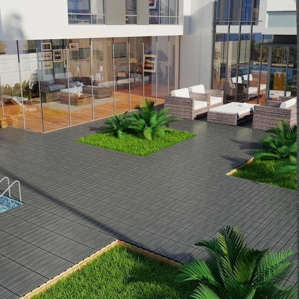 11.8 in. W x 11.8 in. L Outdoor Striped Pattern WPC Composite Interlocking Flooring Deck Tiles (Set of 22) in Dark Gray