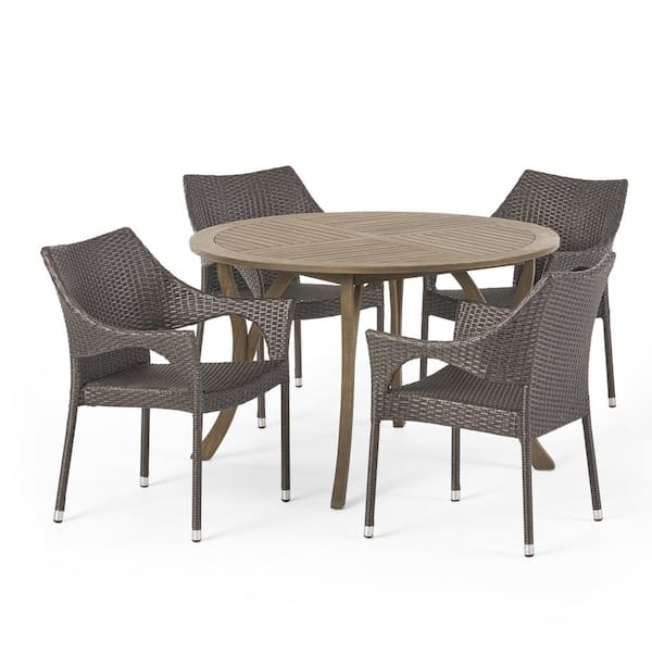 Noble House Laurent Gray 5-Piece Wood and Faux Rattan Outdoor Patio Dining Set