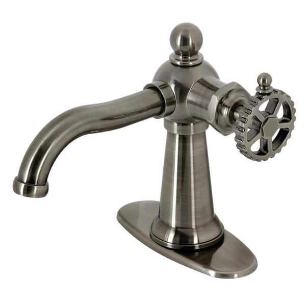 Kingston Brass Fuller Single-Handle Single Hole Bathroom Faucet with Push Pop-Up and Deck Plate in Black Stainless
