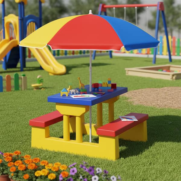 42 in. Multi-Colored Rectangle Plastic Kids Picnic Tables with Removable Umbrella