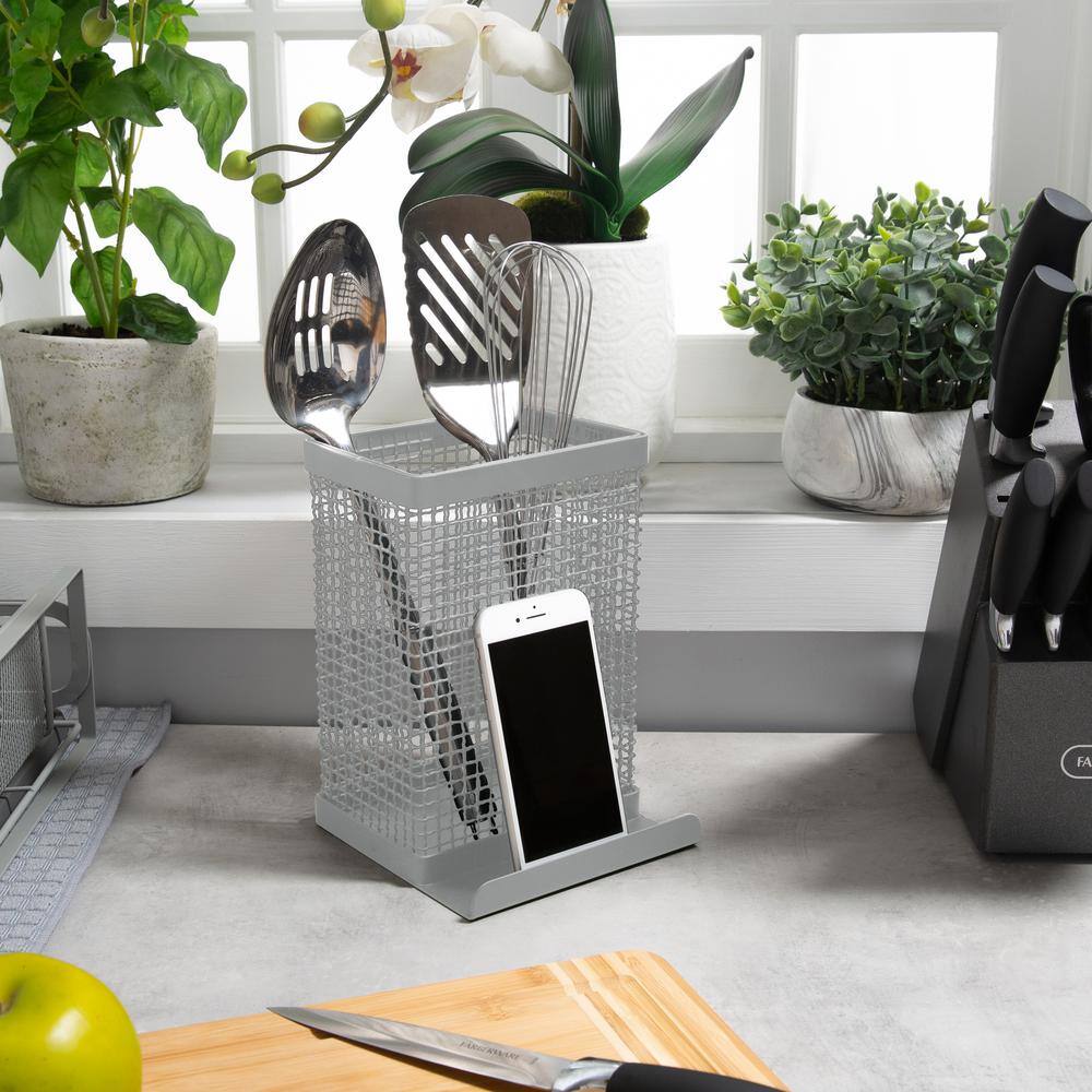 Gray Stainless Steel Square Tablet and Utensil Holder