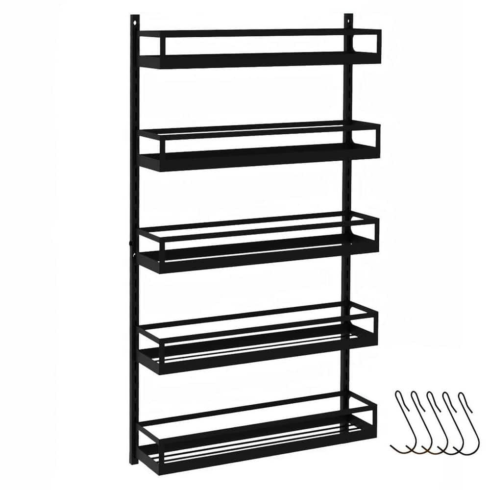 5 Tier Height Adjustable Wall Mount Spice Rack Organizer Black Dual-Use Hanging Shelf Storage w/ Hooks for Kitchen price history on PriceWatchPro