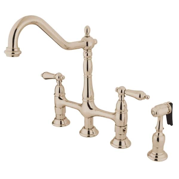 Kingston Brass Heritage 2-Handle Bridge Kitchen Faucet with Side Sprayer in Polished Nickel