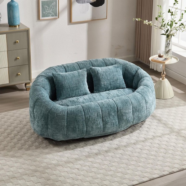 59 in. Teal Chenille 2-Seater Loveseat Bean Bag Chair Lazy Sofa Couch with Pillows