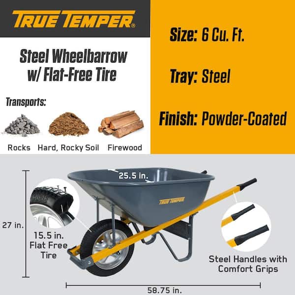 6 cu. ft. Steel / Metal Powered Wheelbarrow with Steel Handles, Comfort Grips, Flat Free Tire (Pack of 2)