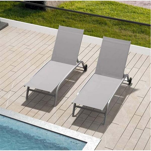 Unbranded Outdoor 2-Piece Metal Adjustable Pool Chaise Lounge with Arm, All Weather Pool Chairs for Outside, in-Pool, Lawn, Gray