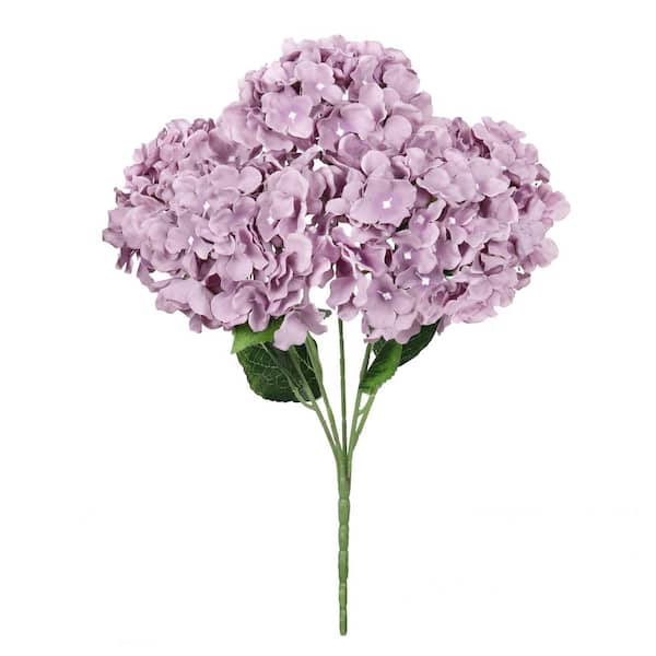 LIVING LUXURY 19 in. Deluxe Dusty Purple Artificial Hydrangea Flower Stem Bush Bouquet (Set of 2)