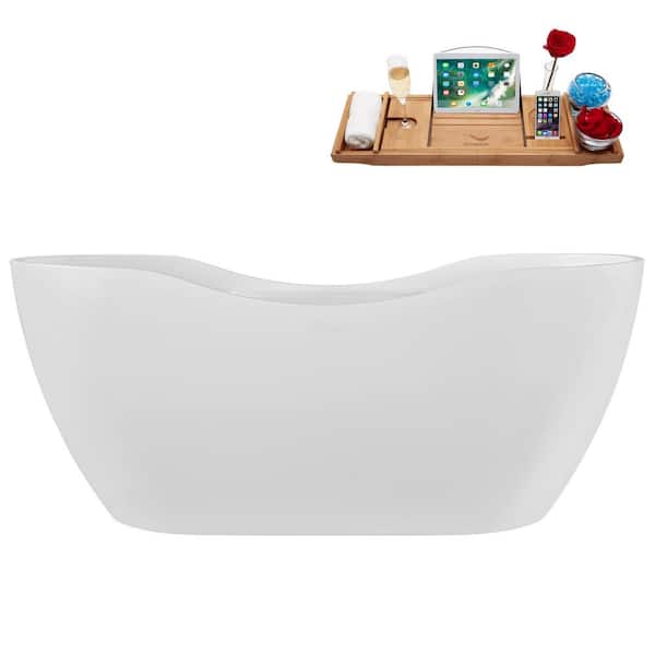 Streamline 67 in. x 32 in. Acrylic Freestanding Soaking Bathtub in Glossy White with Matte Oil Rubbed Bronze Drain, Bamboo Tray