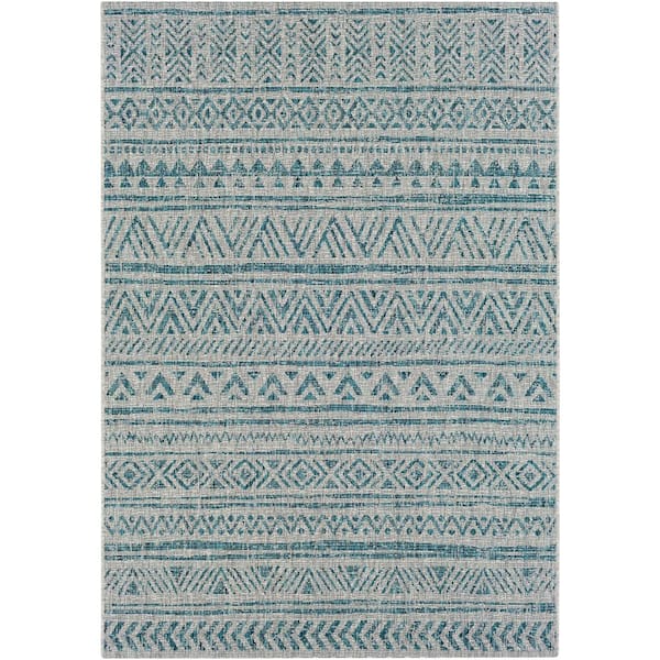 Livabliss Eartha Aqua/Taupe 5 ft. x 8 ft. Indoor/Outdoor Patio Area Rug