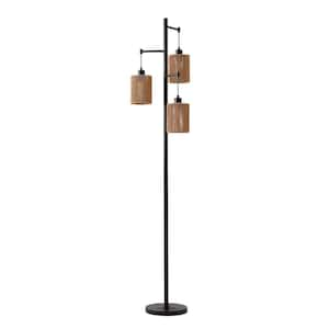 68.9 in. Black 3-Light Hand-Woven Rattan Tree Floor Lamp