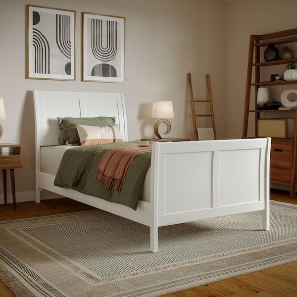AFI Valencia White Solid Wood Frame Twin XL Low Profile Sleigh Platform Bed with Matching Footboard