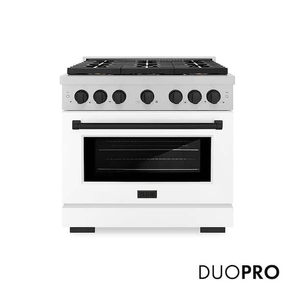 Autograph 36 in. Paramount Gas DuoPro Range with Convection Oven in Satin Steel with White Door and Black Accents