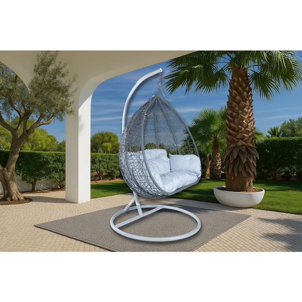 Hanging Metal Porch Swing Chair in Grey Stainless Steel Frame with Cushions Recluse Collection in Light Grey
