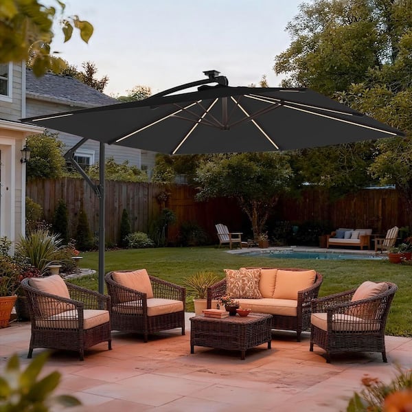 8 foot patio umbrella with lights SANLUCE 8.2 ft. Solar Offset Patio Umbrella with Foldable Handle, 8-LED Strips, Outdoor Umbrella with Secure Lock in Black