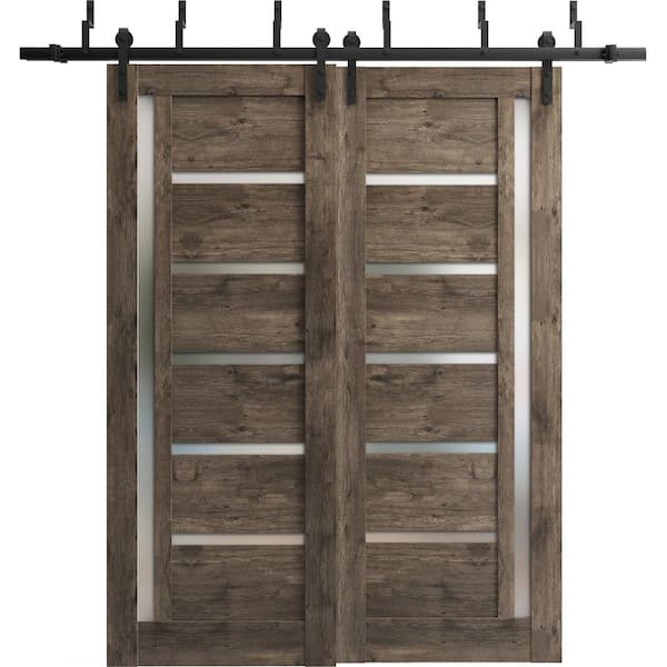 36 in. x 96 in. 2 Panel Frosted Glass Cognac Oak Solid MDF Sliding Barn Door with Hardware Kit