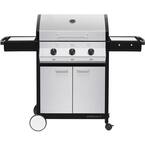Meridian 3-Burner Propane Gas BBQ Grill in Stainless Steel with 2-Door Cart and Side Tables